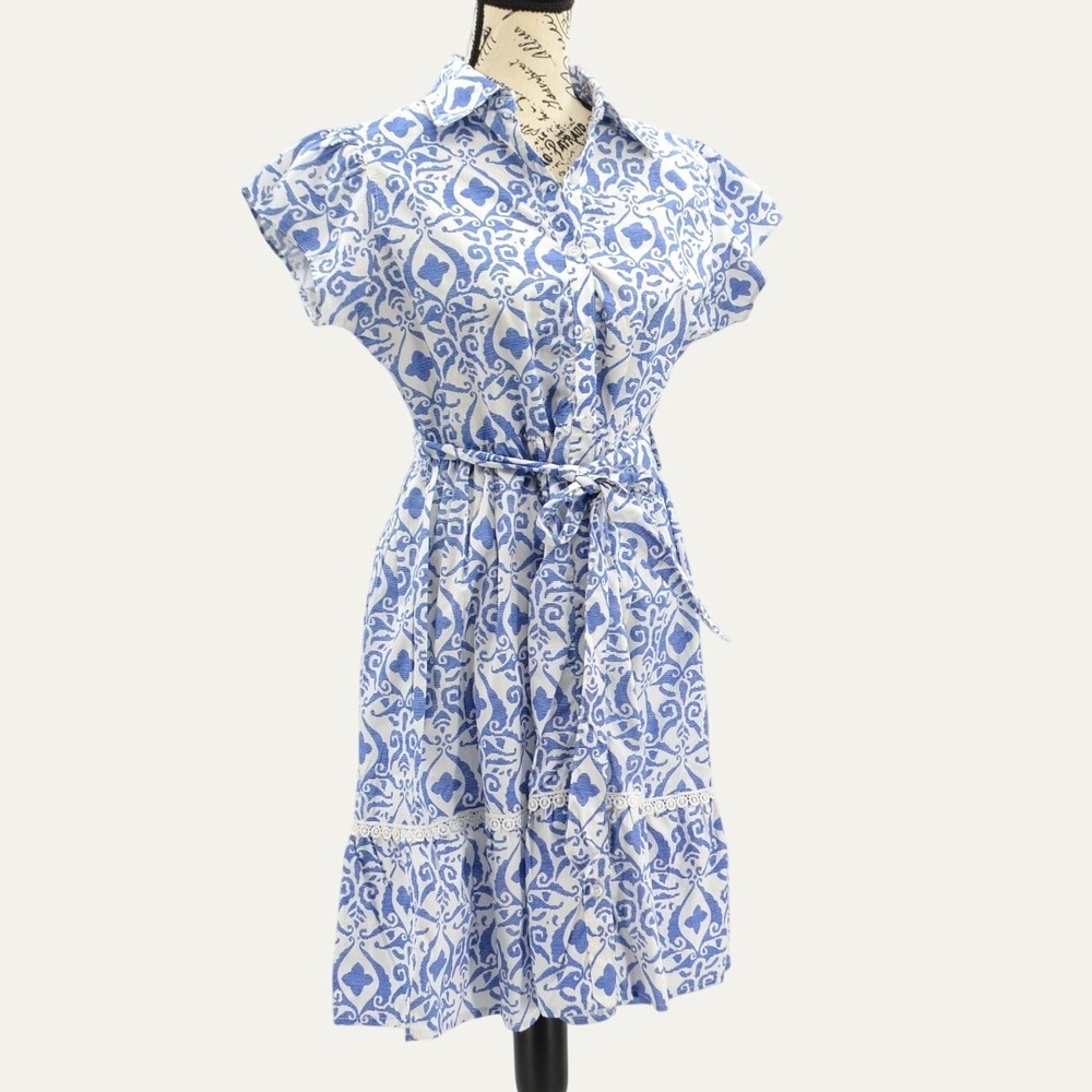 Tiered Retro Dress Blue Medallion Belted Small Cotton Nautical Coastal Resort